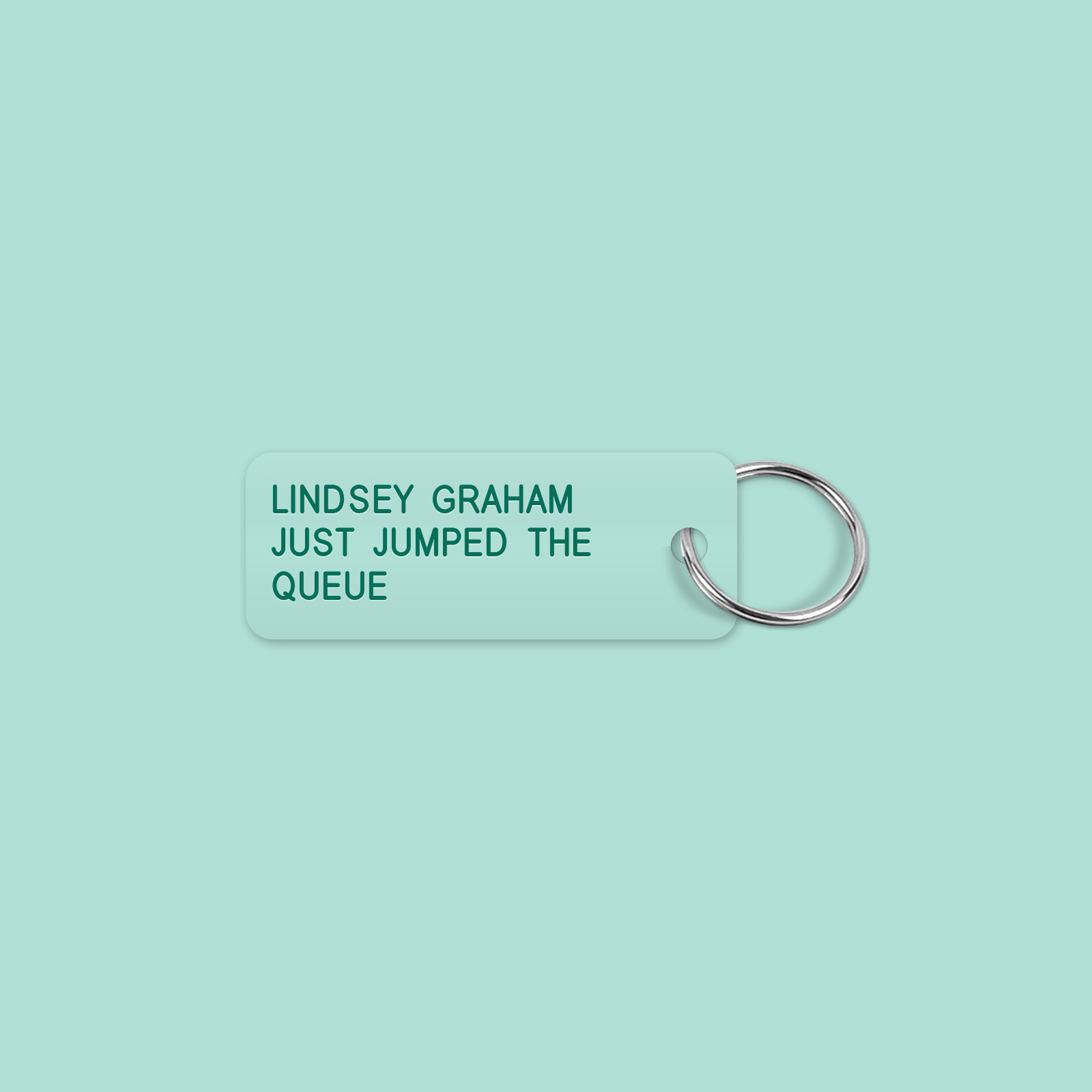 LINDSEY GRAHAM
JUST JUMPED THE
QUEUE keytag mockup
