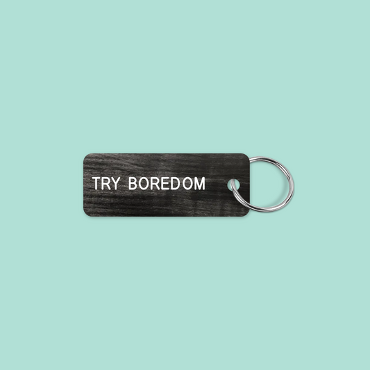 TRY BOREDOM keytag mockup